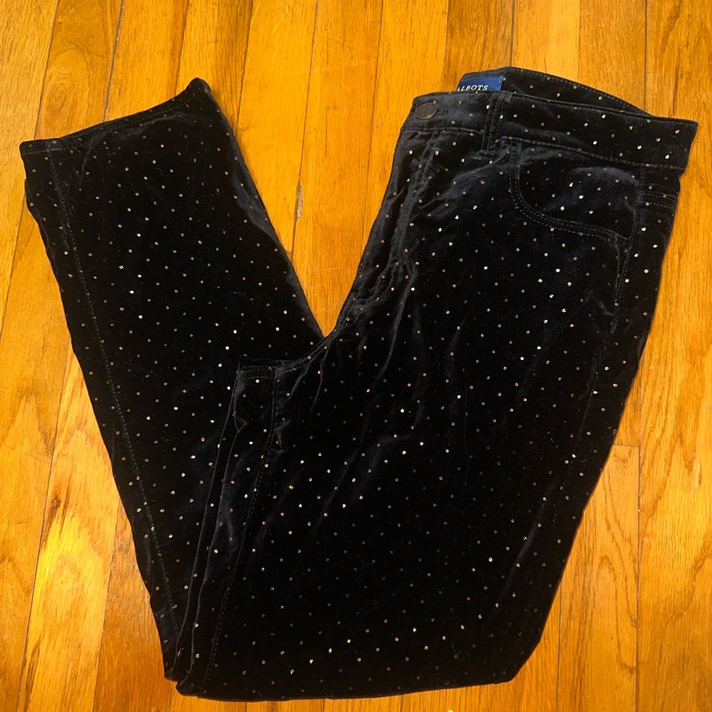 Talbots Black Velvet Pants with Gold Polka Dots High Rise Straight Leg Size 10P